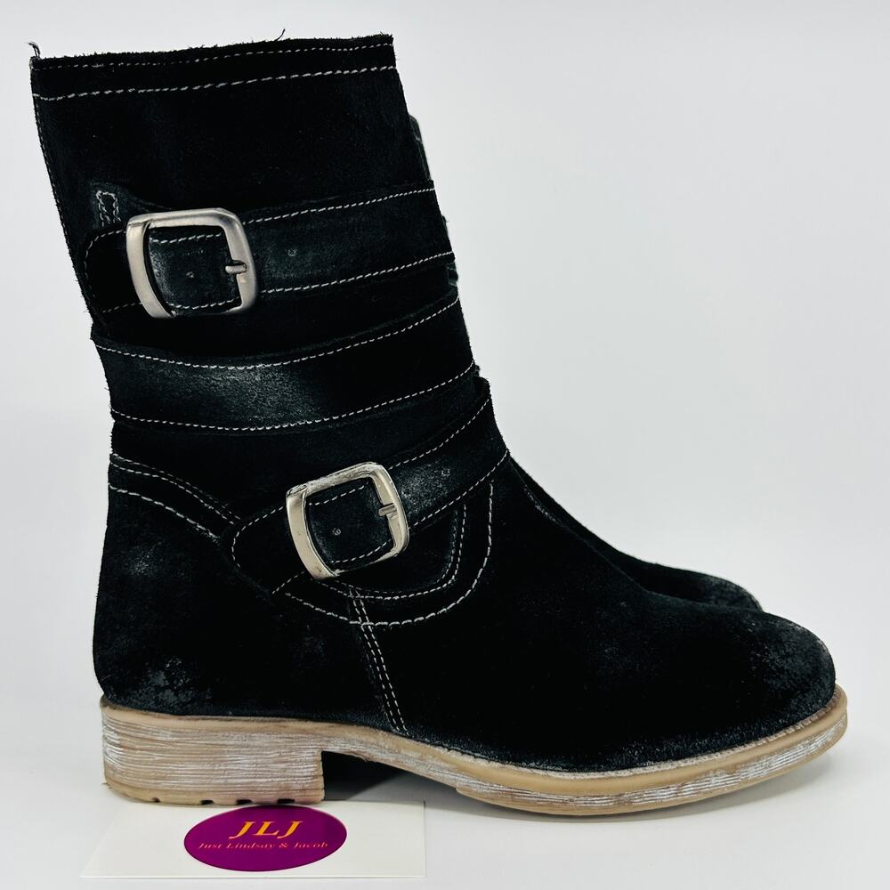 Roan by Bed Stu Women's Lola Black Distressed Leather Moto Boots Size 6.5